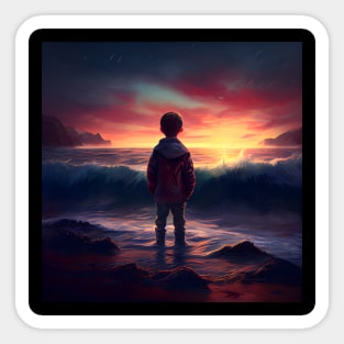 Young man standing on the beach enjoying the sunset one Sticker